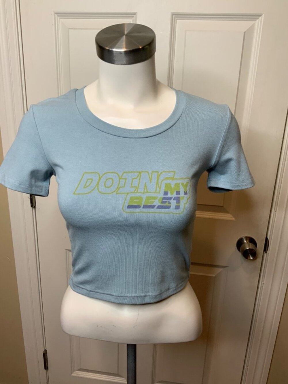 Mebon Light Blue "Doing My Best" Cropped T-Shirt, Size S, NWT!